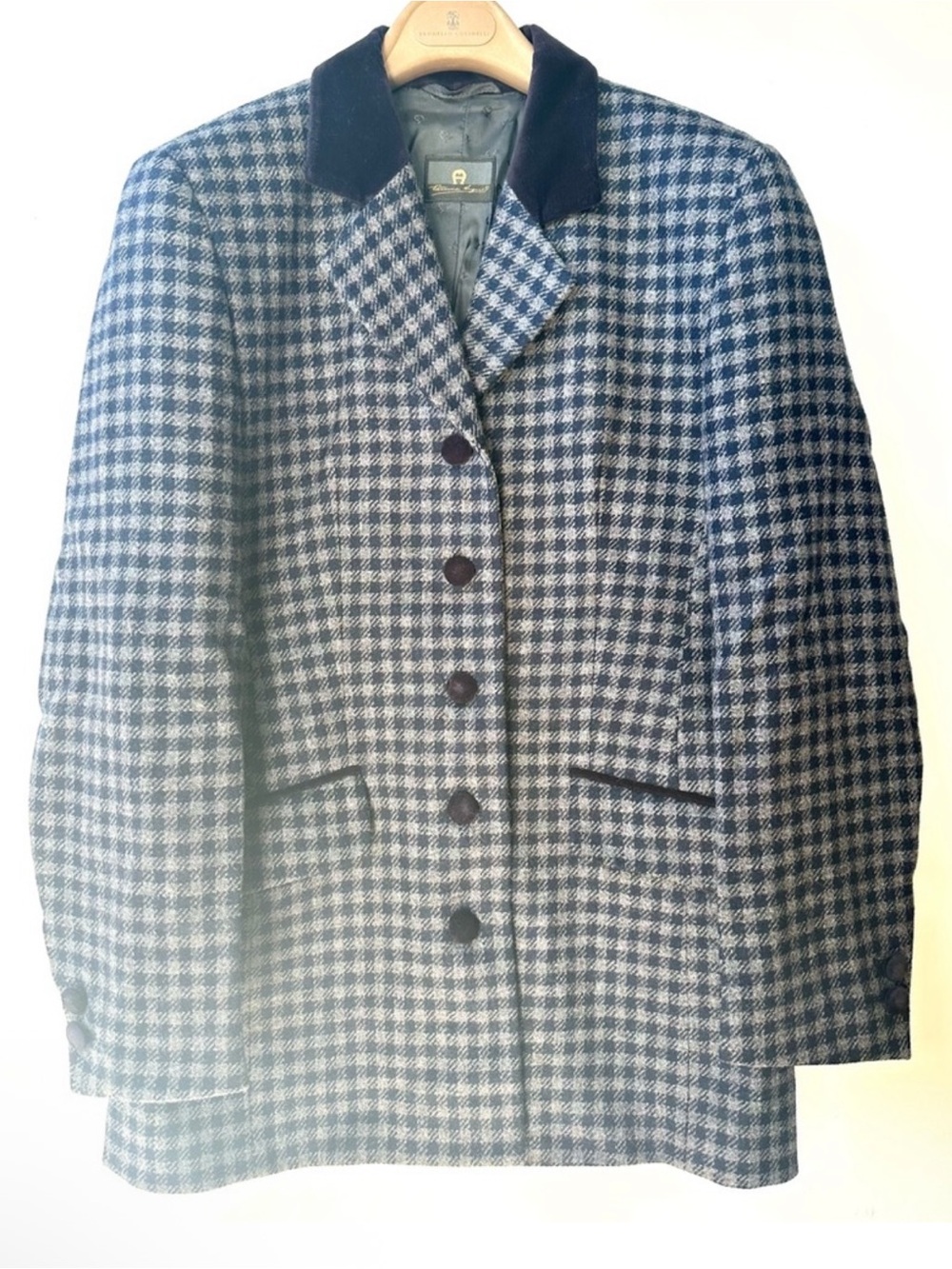 Etienne Aigner Cashmere Mohair Wool Women's Navy & Gray Check Tweed Jacket 36, 6